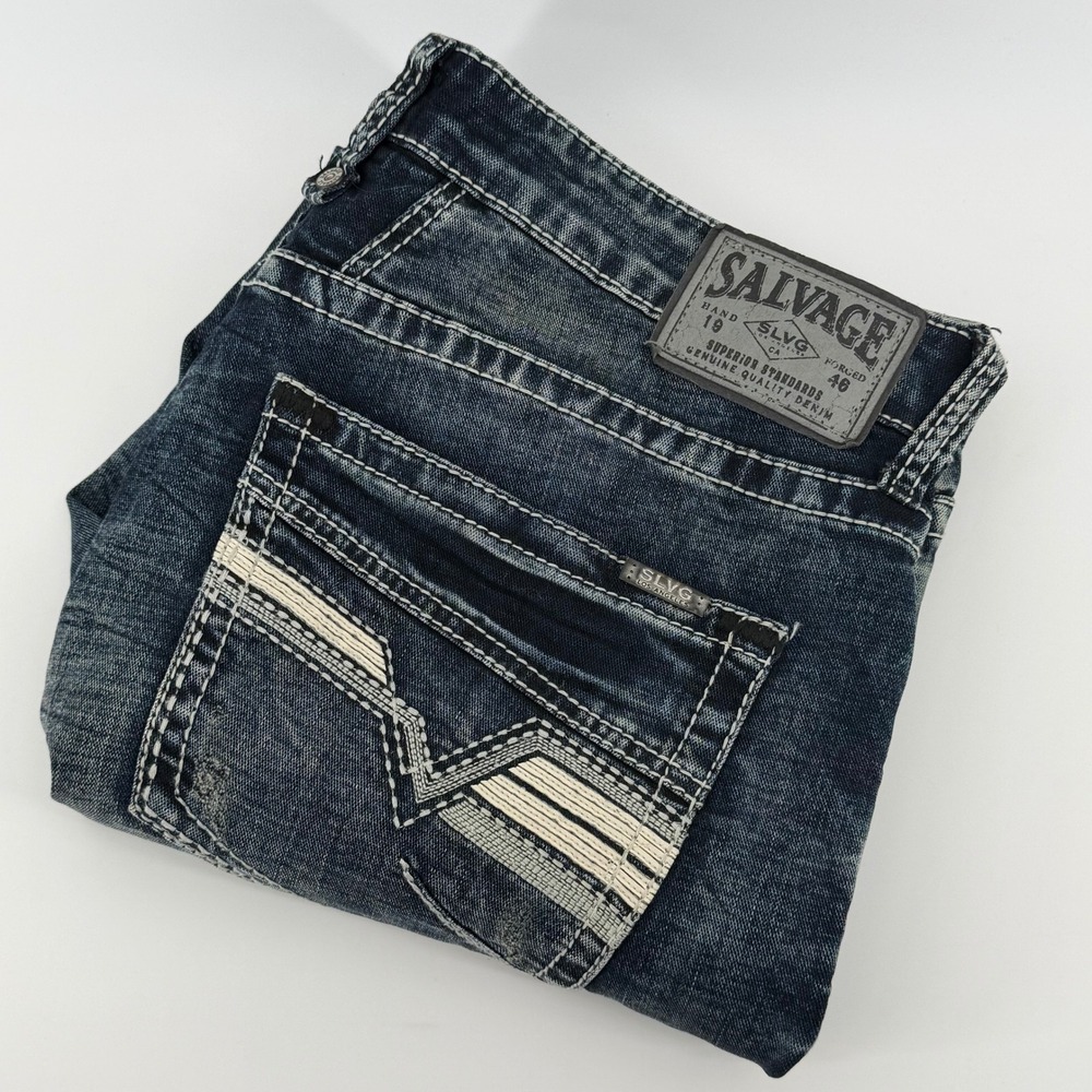 Salvage Havoc Slim Straight Jeans Mens 38R Dark Wash Distressed Buckle Exclusive